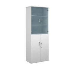 Universal Combination Unit With Glass Upper Doors 2140mm High With 5 Shelves 9 Universal Combination Unit With Glass Upper Doors 2140mm High With 5 Shelves -Office Supermarket Store universal combination unit with glass upper doors 2140mm high with 5 shelves wooden storage dams white 289310